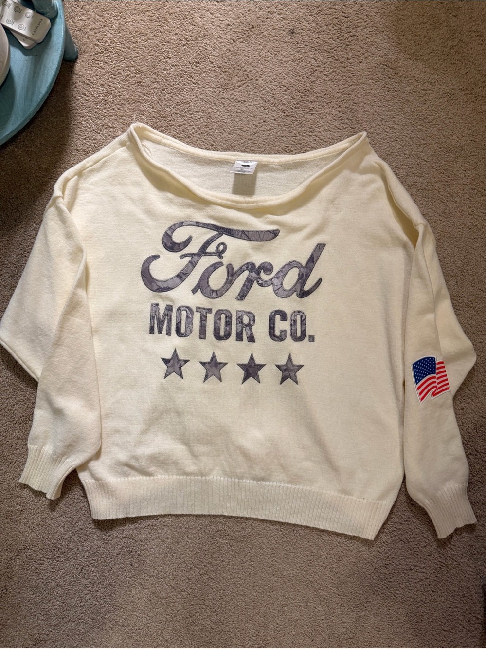 Cream Ford Motor Co. Oversized boat neck sweater camouflage letters USA XL